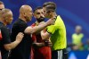 Egypt head coach Hossam Hassan argues with referee Francois Letexier, of France, during the World Cup round of 16 soccer match between Argentina and Egypt in Atlanta, Tuesday, July 7, 2026. (AP Photo/Erik S. Lesser)