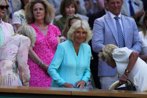 Britain's Queen Camilla arrives to the royal box on day 10 of the Wimbledon Tennis Championships in London, Wednesday, July 8, 2026. (AP Photo/Brian Inganga)