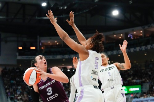 Toronto Tempo guard Marina Mabrey (3) shoots on Golden State Valkyries forward Kayla Thornton (5)  during first half WNBA basketball action in Toronto on Wednesday, July 8,  2026. THE CANADIAN PRESS/Chris Young