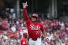 Cincinnati Reds' Sal Stewart celebrates as he runs to home plate to score after hitting a solo home run during the fourth inning of a baseball game against the Philadelphia Phillies in Cincinnati, Wednesday, July 8, 2026. (AP Photo/Carolyn Kaster)