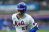 New York Mets' Mark Vientos reacts after being hit with a pitch during the second inning of a baseball game against the Kansas City Royals, Thursday, July 9, 2026, in New York. (AP Photo/Seth Wenig)