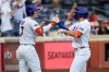New York Mets' Tyrone Taylor, right, celebrates his solo home run with Brett Baty during the fifth inning of a baseball game against the Kansas City Royals, Thursday, July 9, 2026, in New York. (AP Photo/Seth Wenig)