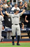 New York Yankees' Ben Rice celebrates after his two-run home run is upheld during the third inning of a baseball game against the Tampa Bay Rays Thursday, July 9, 2026, in St. Petersburg, Fla. (AP Photo/Jason Behnken)