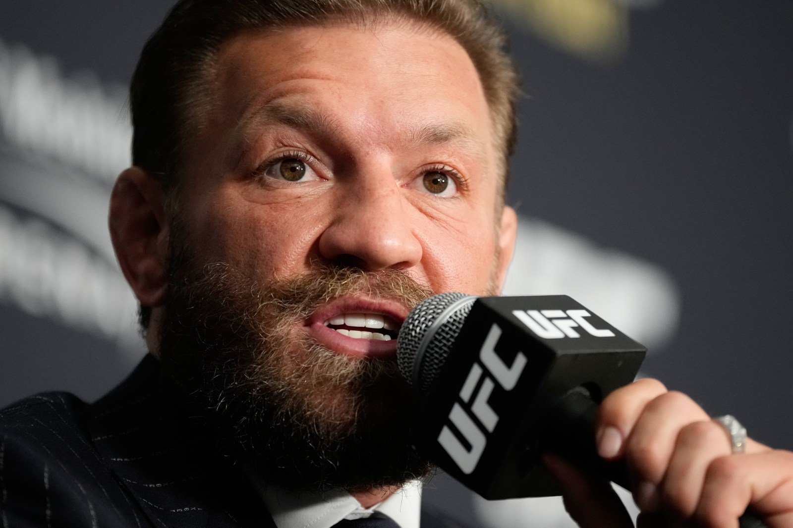 Conor McGregor speaks at the UFC 329 news conference in Las Vegas