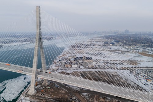 Construction continues on the Gordie Howe International Bridge, in Windsor, Ont., on Tuesday, Feb. 10, 2026. THE CANADIAN PRESS/Dax Melmer