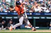 Houston Astros' Jeremy Peña hits an RBI single against the Detroit Tigers in the eighth inning of a baseball game, Saturday, June 27, 2026, in Detroit. (AP Photo/Lon Horwedel)