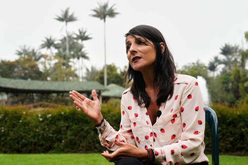 FILE - Colombia's Environmental Minister Irene Vélez Torres talks during an interview with The Associated Press at the Botanical Garden Jose Celestino Mutis in Bogota, Colombia, April 16, 2026. (AP Photo/Fernando Vergara, File)