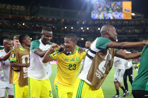 South Africa's Jayden Adams (23) dances with his teammates after a 1-0 win in the World Cup Group A soccer match between South Africa and South Korea in Guadalupe, near Monterrey, Mexico, Wednesday, June 24, 2026. (AP Photo/Sofia Yaker)