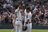Chicago White Sox shortstop Colson Montgomery, left, and first baseman Miguel Vargas, right, celebrate their win against the Athletics in a baseball game Saturday, July 11, 2026, in Chicago. (AP Photo/David Banks)