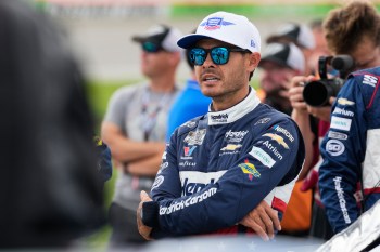Kyle Larson looks to the track before the start of a NASCAR Cup Series auto race at Chicagoland Speedway in Joliet, Ill., Sunday, July 5, 2026. (AP Photo/Nam Y. Huh)