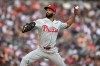 Philadelphia Phillies starting pitcher Cristopher Sánchez throws against the Detroit Tigers in the first inning of a baseball game, Saturday, July 11, 2026, in Detroit. (AP Photo/Lon Horwedel)