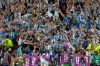 Argentina's Lautaro Martinez (22) celebrates with spectators after scoring his team's third goal during the World Cup quarterfinal soccer match between Argentina and Switzerland in Kansas City, Mo., Saturday, July 11, 2026. (AP Photo/Ashley Landis)