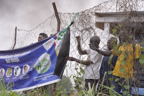 Workers at an Ebola treatment center go on strike over unpaid salaries and bonuses at Rwampara General Hospital, in Ituri, northeastern Congo, Monday, July 13, 2026, (AP Photo/Dirole Lotsima Dieudonne)