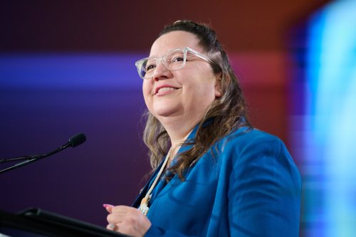 Assembly of First Nations National Chief Cindy Woodhouse Nepinak speaks at the annual First Nations Major Projects Coalition conference in Toronto on Thursday, April 30, 2026. THE CANADIAN PRESS/Sammy Kogan