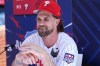 Philadelphia Phillies' Bryce Harper speaks with members of the media during the MLB baseball All-Star Week, Monday, July 13, 2026, in Philadelphia. (AP Photo/Matt Rourke)