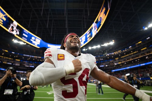 FILE - San Francisco 49ers linebacker Fred Warner (54) reacts after an NFL football game against the Los Angeles Rams, Oct. 2, 2025, in Inglewood, Calif. (AP Photo/Kyusung Gong, File)