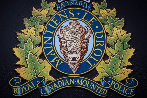 The RCMP logo is seen in Surrey, B.C., Mounties say they have charged a man with human smuggling and arrested eight African migrants near the Canada-U.S. border in Manitoba. THE CANADIAN PRESS/Darryl Dyck