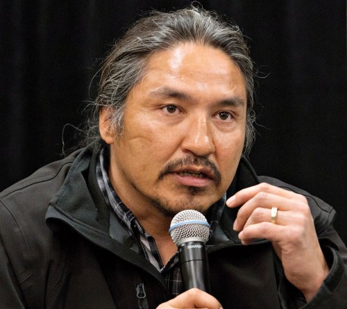 Chief Allan Adam of the Athabasca Chipewyan First Nation speaks during a press conference in Fort McMurray, Alta. on Friday May 30, 2014. THE CANADIAN PRESS/Jason Franson