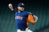FILE - Lance McCullers Jr. of the Houston Astros throws to live batters before a baseball game against the Cleveland Guardians, June 19, 2026, in Houston. (AP Photo/Kevin M. Cox, File)