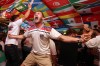 England soccer fans celebrate during the World Cup semifinal soccer match between England and Argentina at The Clock pub in Hebburn, England, Wednesday, July 15, 2026. (AP Photo/Scott Heppell)