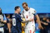 Argentina's Lionel Messi (10) and England's Harry Kane (9) hug after the World Cup semifinal soccer match between England and Argentina in Atlanta, Wednesday, July 15, 2026. (AP Photo/Erik S. Lesser)
