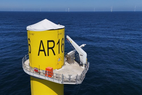 FILE - A wind turbine base is visible at Sunrise Wind offshore wind farm that is under construction off the coast of Montauk Point, New York, April 23, 2026. (AP Photo/Joshua A. Bickel, File)