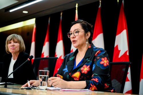 Minister of Indigenous Services Mandy Gull-Masty speaks during a press conference at the National Press Theatre in Ottawa, on Thursday, May 28, 2026. THE CANADIAN PRESS/Spencer Colby