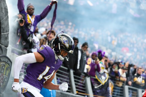 FILE - Baltimore Ravens safety Kyle Hamilton (14) runs onto the field during player introductions before an NFL football game against the Pittsburgh Steelers, Dec. 7, 2025, in Baltimore. (AP Photo/Terrance Williams, File)