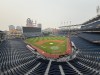 A view from the press box level at Progressive Field in Cleveland, Ohio, Friday, July 17, 2026, after the game between the Pittsburgh Pirates and Cleveland Guardians was postponed due to air quality concerns because of wildfire smoke from Canada and northern Minnesota. (AP Photo/Joe Reedy)