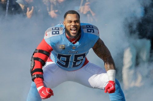 FILE - Tennessee Titans defensive tackle Jeffery Simmons (98) is introduced prior to an NFL football game against the Kansas City Chiefs, Dec. 21, 2025, in Nashville, Tenn. (AP Photo/Stew Milne, File)