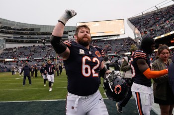 FILE - Chicago Bears guard Joe Thuney reacts as he leaves the field after NFL football game against the New York Giants, Nov. 9, 2025, in Chicago. (AP Photo/Nam Y. Huh, File)