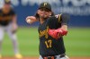 Pittsburgh Pirates' Jared Jones (17) pitches in the first inning of the first baseball game of a split doubleheader against the Cleveland Guardians in Cleveland, Saturday, June 18, 2026. (AP Photo/Sue Ogrocki)