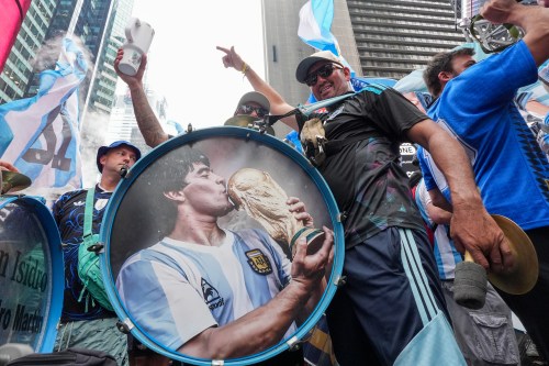 Argentina fans gather for a rally on the eve of the World Cup final soccer match in New York's Times Square, Saturday, July 18, 2026 (AP Photo/Frank Franklin II)