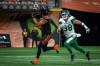 B.C. Lions wide receiver Keon Hatcher (4) receives a pass as Saskatchewan Roughriders Jayden Dalke (38) tries to tackle him during the first half of CFL action in Vancouver, B.C., Friday, Sept. 29, 2023. THE CANADIAN PRESS/Ethan Cairns