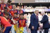 Spain players, from left, cheer alongside President Donald Trump and FIFA President Gianni Infantino at the conclusion of the World Cup championship final soccer match between Spain and Argentina in East Rutherford, N.J., Sunday, July 19, 2026. (AP Photo/Jacquelyn Martin)