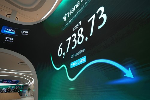 The screen showing the Korea Composite Stock Price Index (KOSPI) is placed at a dealing room of Hana Bank in Seoul, South Korea, Monday, July 20, 2026. (AP Photo/Lee Jin-man)