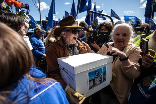 Supporters carry boxes of petition signatures to submit for a separation referendum to Elections Alberta in Edmonton, on Monday, May 4, 2026. THE CANADIAN PRESS/Jason Franson