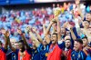 Spain midfielder Rodri (16) hoists the trophy with teammates following Spain's win of the FIFA World Cup final, in East Rutherford, N.J., Sunday, July 19, 2026. THE CANADIAN PRESS/Frank Gunn
