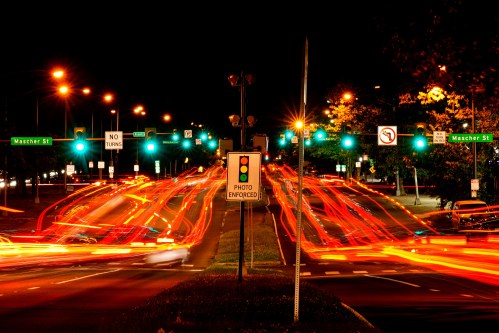 FILE - This long exposure photo shows traffic driving on Roosevelt Boulevard in Philadelphia, May 25, 2022. (AP Photo/Matt Rourke, File)