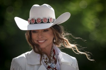 Parade Marshal Shania Twain rides a horse during the Calgary Stampede parade in Calgary, Alta., Friday, July 4, 2025. THE CANADIAN PRESS/Jeff McIntosh