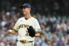 Milwaukee Brewers' Jacob Misiorowski smiles during the fourth inning of a baseball game against the New York Mets, Monday, July 20, 2026, in Milwaukee. (AP Photo/Aaron Gash)