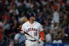 Houston Astros' Isaac Paredes watches his three-run home run during the fifth inning of a baseball game against the Miami Marlins, Tuesday, July 21, 2026, in Houston. (AP Photo/Kevin M. Cox)