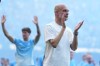FILE - Manchester City's head coach Pep Guardiola applauds the fans after his last game with the club after a Premier League soccer match between Manchester City and Aston Villa in Manchester, England, May 24, 2026. (AP Photo/Alastair Grant, File)