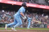 Toronto Blue Jays' Sean Keys watches his two-run single during the third inning of a baseball game against the San Francisco Giants Tuesday, July 7, 2026, in San Francisco. (AP Photo/Jeff Chiu)