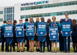 WestJet flight attendants hold a 