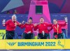Canada's Kady Dandeneau, Tara Llanes, Tamara Steeves and Elodie Tessier, left to right, celebrate after receiving their gold medals in 3 x 3 wheelchair basketball action at the Commonwealth Games in Birmingham, England on Tuesday, Aug. 2, 2022. Canada beat Australia 14-5. THE CANADIAN PRESS/Andrew Vaughan