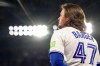 Toronto Blue Jays' Addison Barger stands on the field for a pre-game ceremony before MLB baseball action against the Los Angeles Angels in Toronto on Saturday, May 9, 2026. THE CANADIAN PRESS/Chris Young