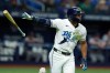 Tampa Bay Rays' Richie Palacios drops his bat as he watches his three-run home run off Cleveland Guardians pitcher Hunter Gaddis during the eighth inning of a baseball game Friday, July 24, 2026, in St. Petersburg, Fla. (AP Photo/Chris O'Meara)