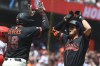San Francisco Giants' Jung Hoo Lee, right, celebrates with Rafael Devers (16) after hitting a three-run home run against the Los Angeles Angels during the third inning of a baseball game in San Francisco, Saturday, July 25, 2026. (AP Photo/Jed Jacobsohn)