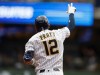 Milwaukee Brewers' Cooper Pratt (12) reacts after his home run during the second inning of a baseball game against the Colorado Rockies, Saturday, July 25, 2026, in Milwaukee. (AP Photo/Jeffrey Phelps)